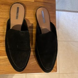 Tahari black suede slip on loafers.
